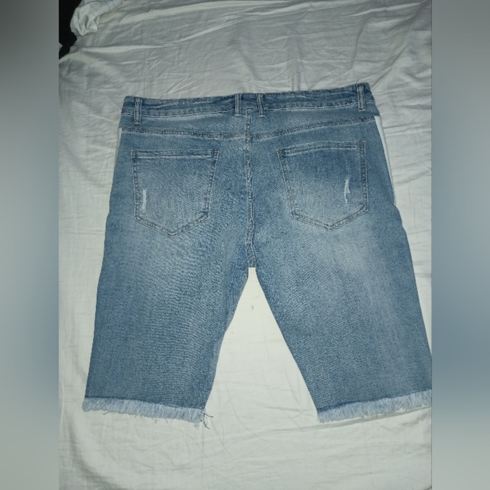 Blue and White Distressed Jean Shorts with Stripes - Picture 4 of 4